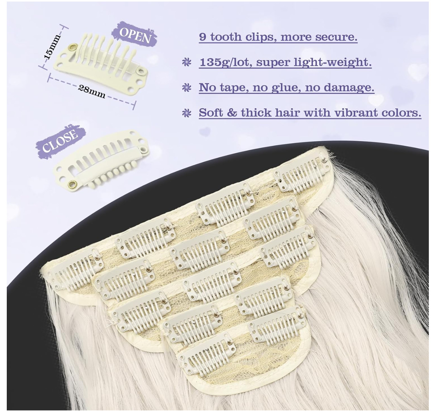 Platinum Blonde Synthetic Clip in Hair Extensions 5Pcs 20 Inches Long Wavy Hair