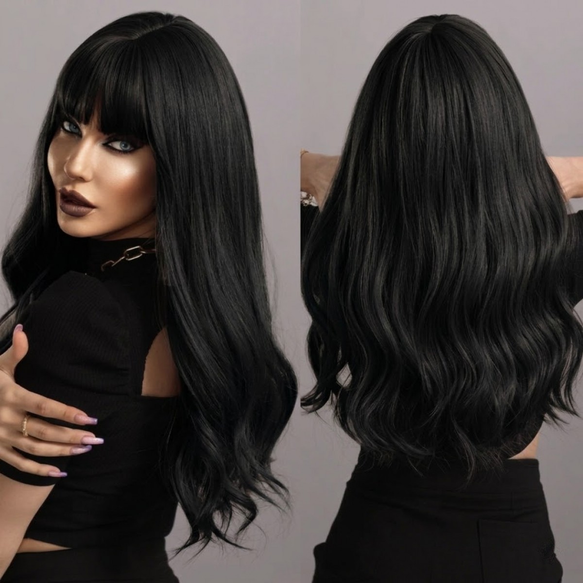 Off black Long Wavy Costume Wigs With Bangs Heat Resistant Hair Women