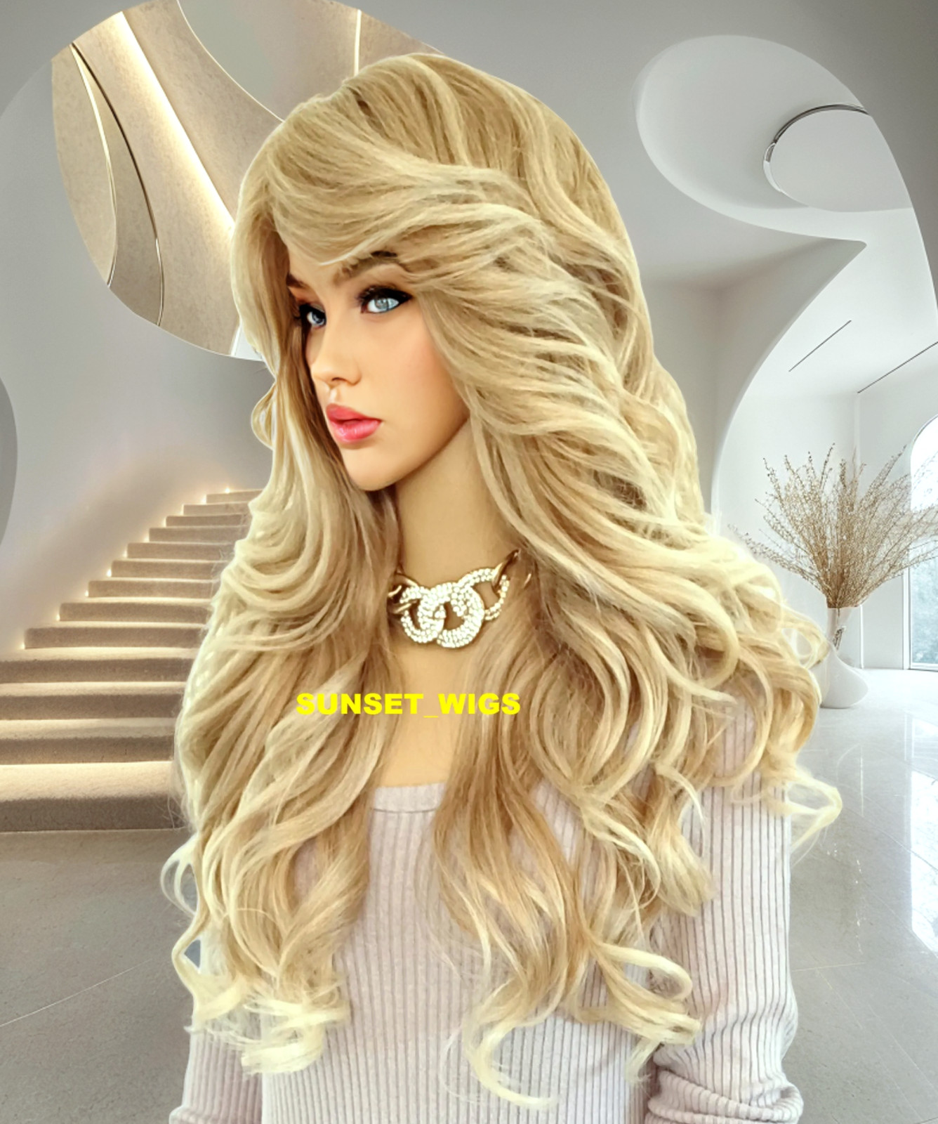 34″ FULL WIG LONG WAVY LAYERED SIDE SKIN PART MEDIUM BLONDE MIX HEAT OK