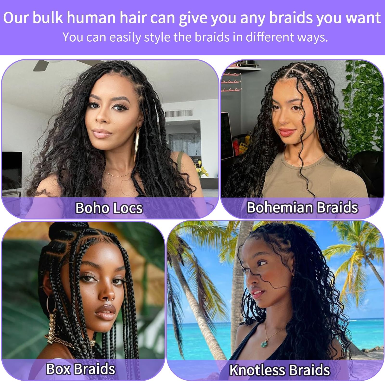 Boho Braids Human Hair 3 Bundles 110g 14″ Deep Wave Curly Knotless Bulk Hair