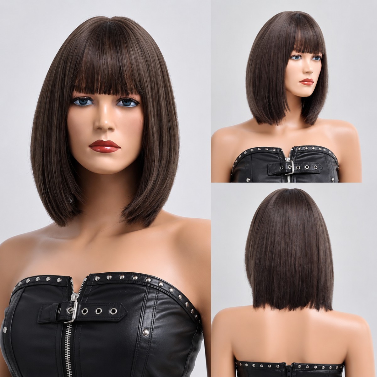 Natural Cosplay Wigs With Fringe Straight Choc Brown Heat Resistant Hair
