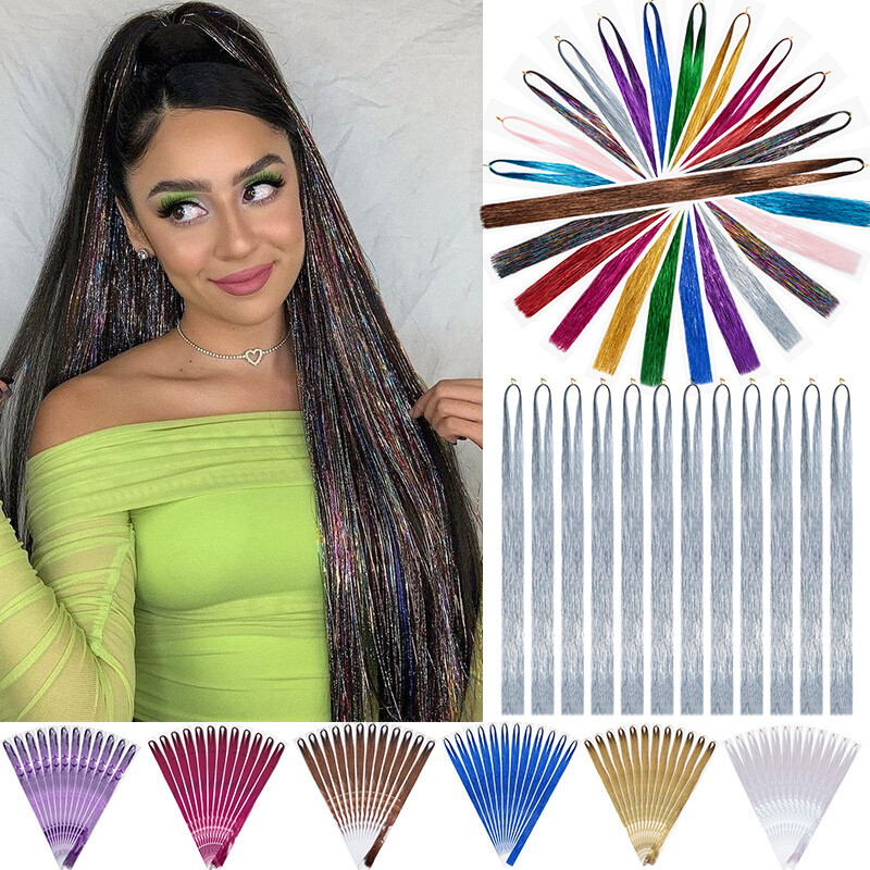 12 Colors 2400 Strands Hair Tinsel Kits Glitter Hair Extensions w/ Tool 47 Inch