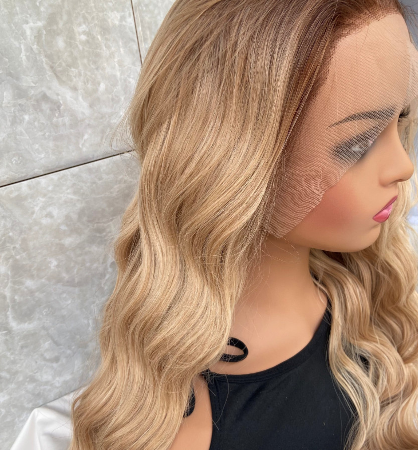 Long Wavy Rooted Blonde Mix Lace Front Synthetic Hair Wigs Women Soft Natural