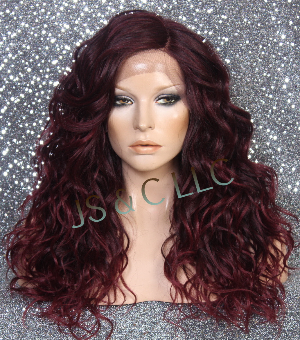 Human Hair Blend Long HEAT OK Full Lace Front Wig Burgundy mix wavy WEYC 1B-burg