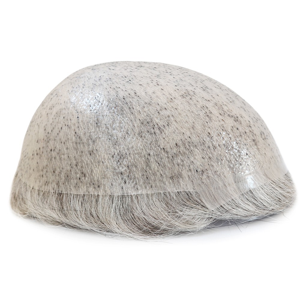 Mens Toupee Human Hair Replacement System 0.05mm Thin Skin Grey Hairpieces #1B80