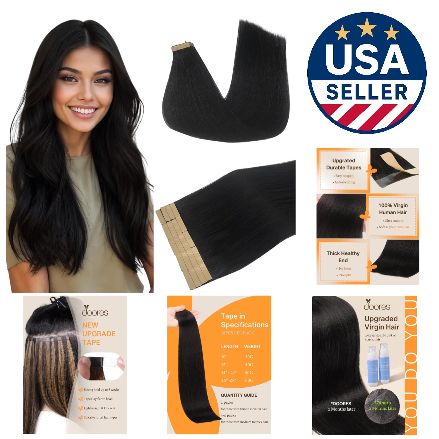 20-inch Jet Black Remy Hair Extensions – 50g 20 Pcs Tape-in for Natural Style