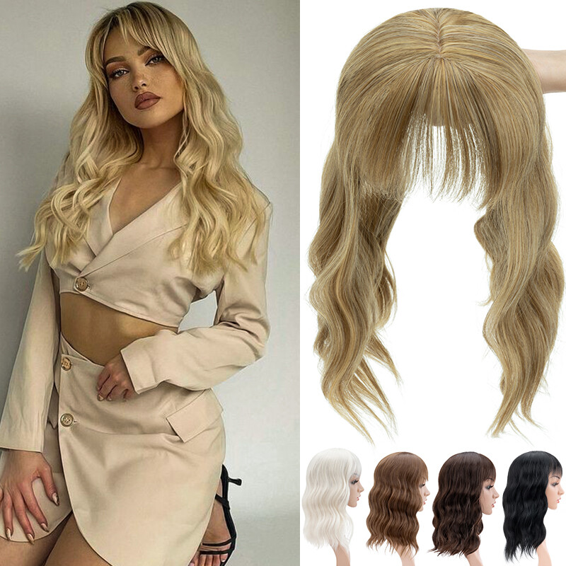 Thick Clip In Topper Hair Extensions Wavy Hairpiece With Bangs Natural as Human