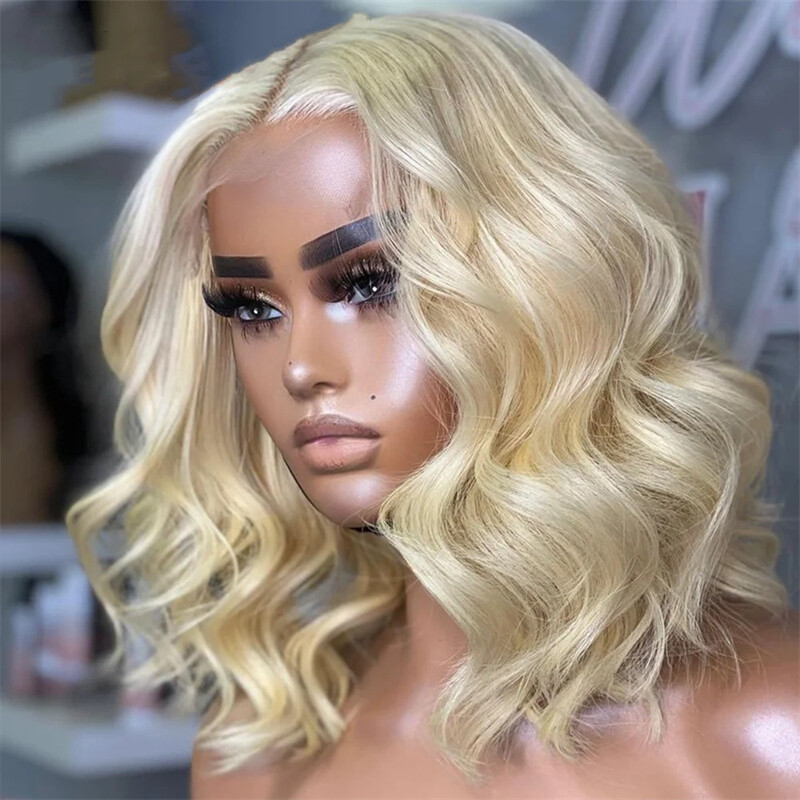 613 Blonde Short Wave Bob Wigs Human Hair 13×4 Lace Frontal Wig 200% Density