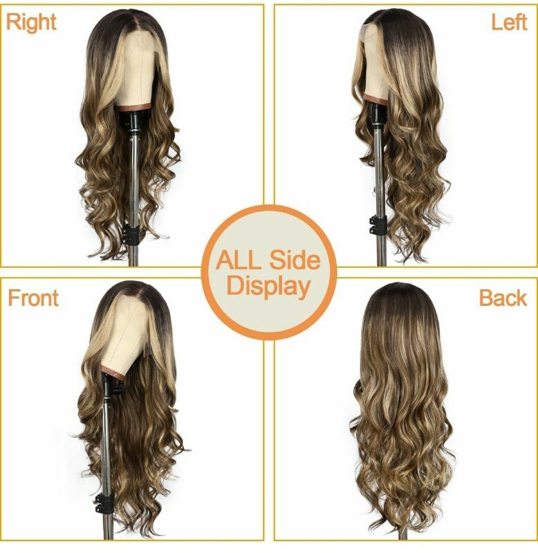 HD Lace Front Wig Human Hair Blend Highlights Wavy Curly Honey BROWN Blonde