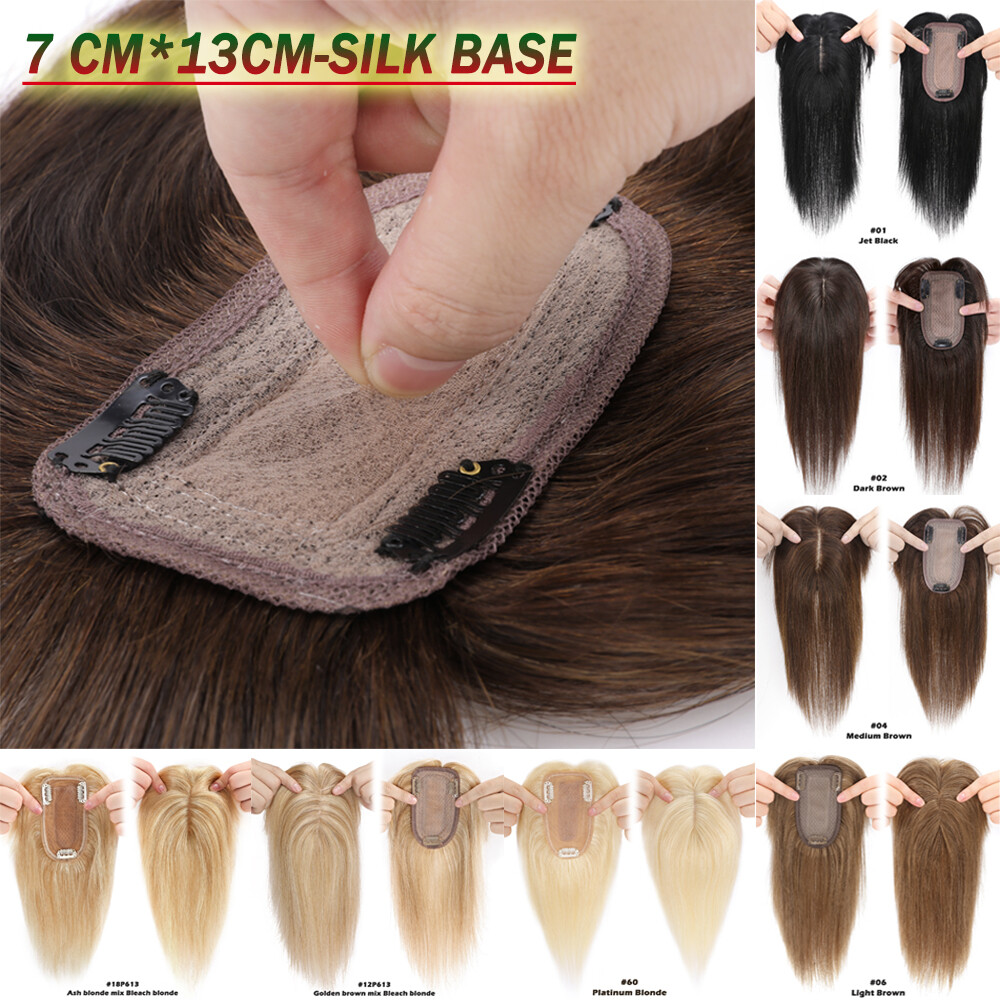 150% Topper Hairpiece Clip In Remy Human Hair Silk Top Toupee Wiglet Bangs Soft