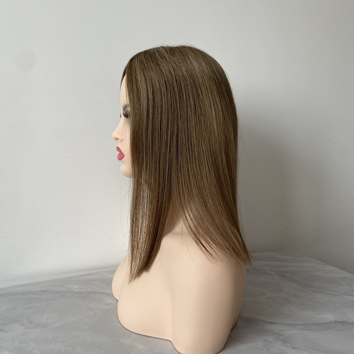 100% HUMAN RUSSIAN HAIR TOPPER MONO 5″X5″ BASE 14″ BROWN FREE PARTING HIGHLIGHTS