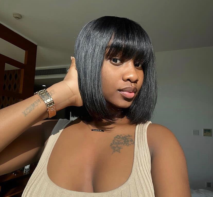 10 Inch Short Black Bob Wig with Bangs Human Hair Straight Bang Bob Wig 2×1 Lace
