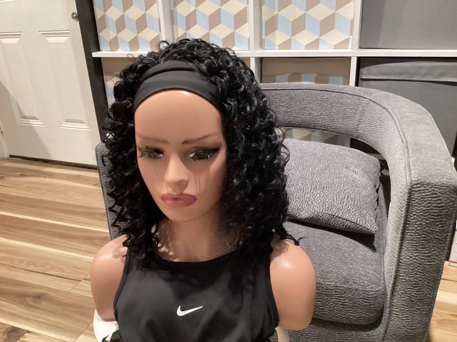 Handmade human hair headband wig. Length is 14 inches.