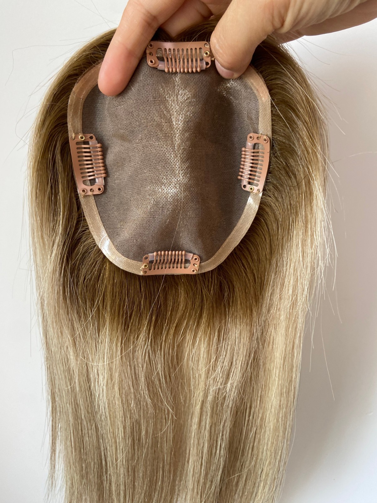 100% HUMAN RUSSIAN HAIR 5″x5″TOPPER DARK BLONDE OMBRE HAIRPIECE HIGHLIGHTS