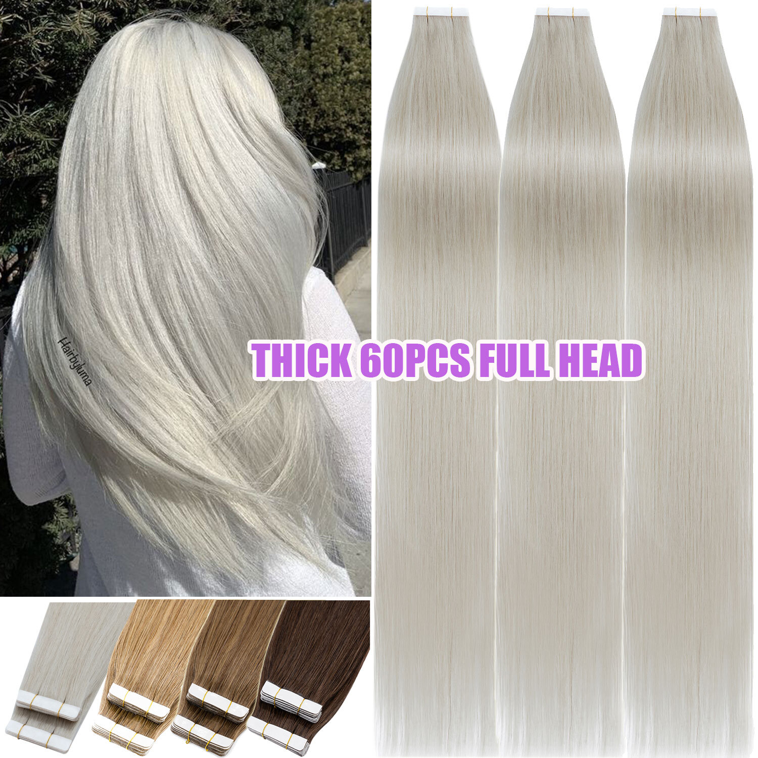 12″-24″ Tape in Remy Human Hair Extensions Thick 60PCS Full Head Straight Hair Q