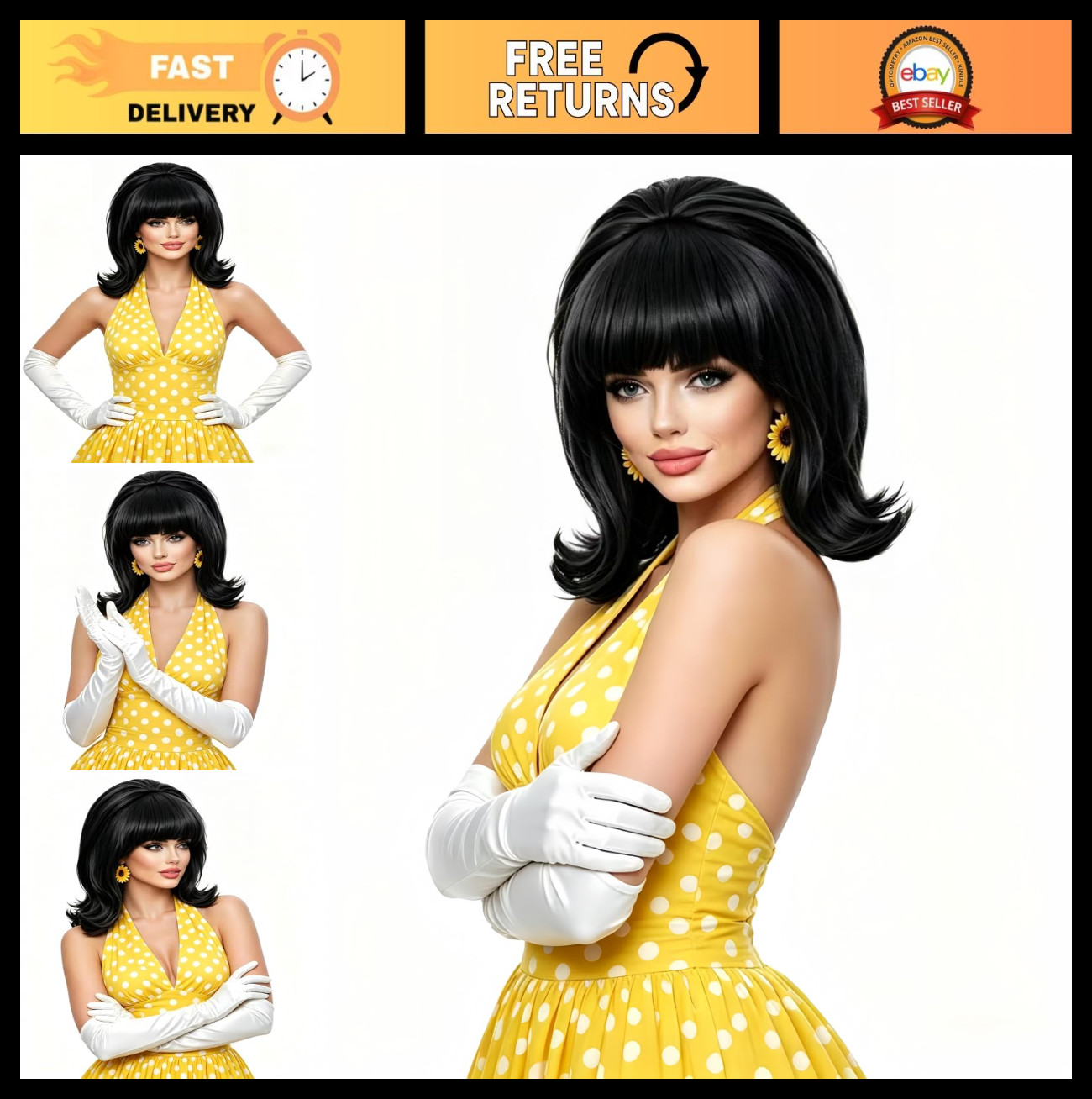 Short Black Wig with Bangs – Retro Bouffant Beehive for 80s Costume & Halloween