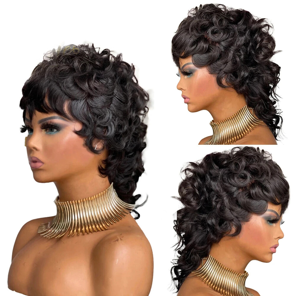 Black Short Mullet Curly Wig Wigs with Bangs Brazilian Hair None Lace Wigs