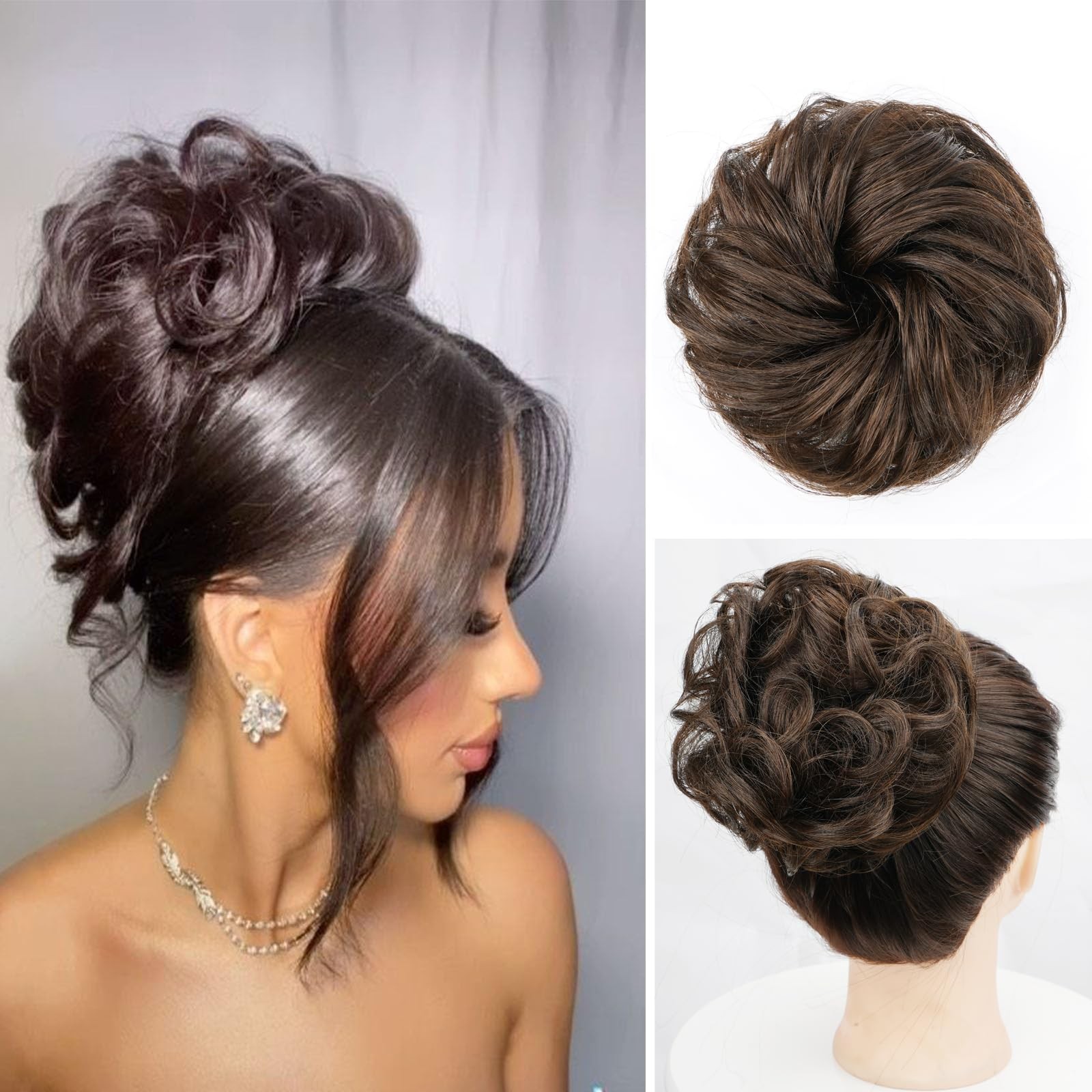 Cetiq Messy Bun Hair Piece100% Human Layered Wavy Curly Buns Dark Brown