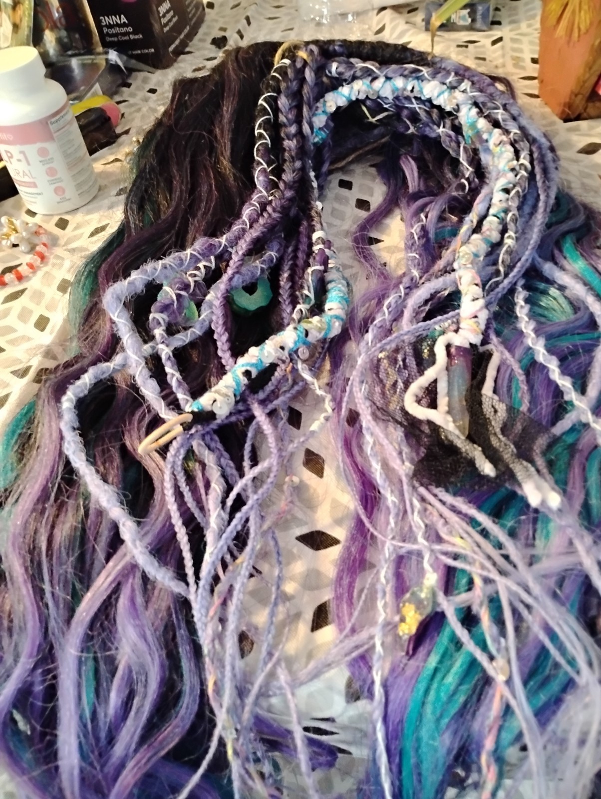 Multicolor Braided Synthetic Hair Extensions Purple Blue Black Wavy 24in
