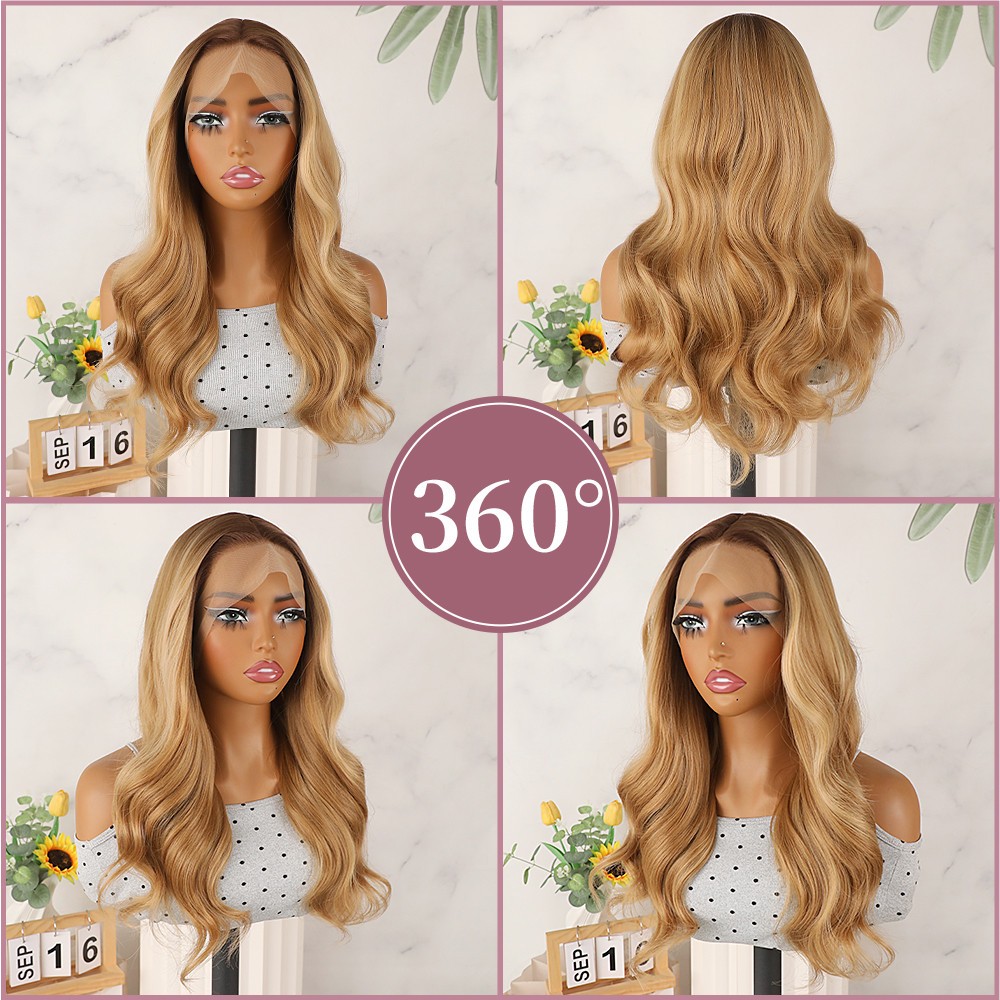 Ombre Brown Roots Blonde Lace Front Wigs Long Wavy Pre Plucked Natural Hairline