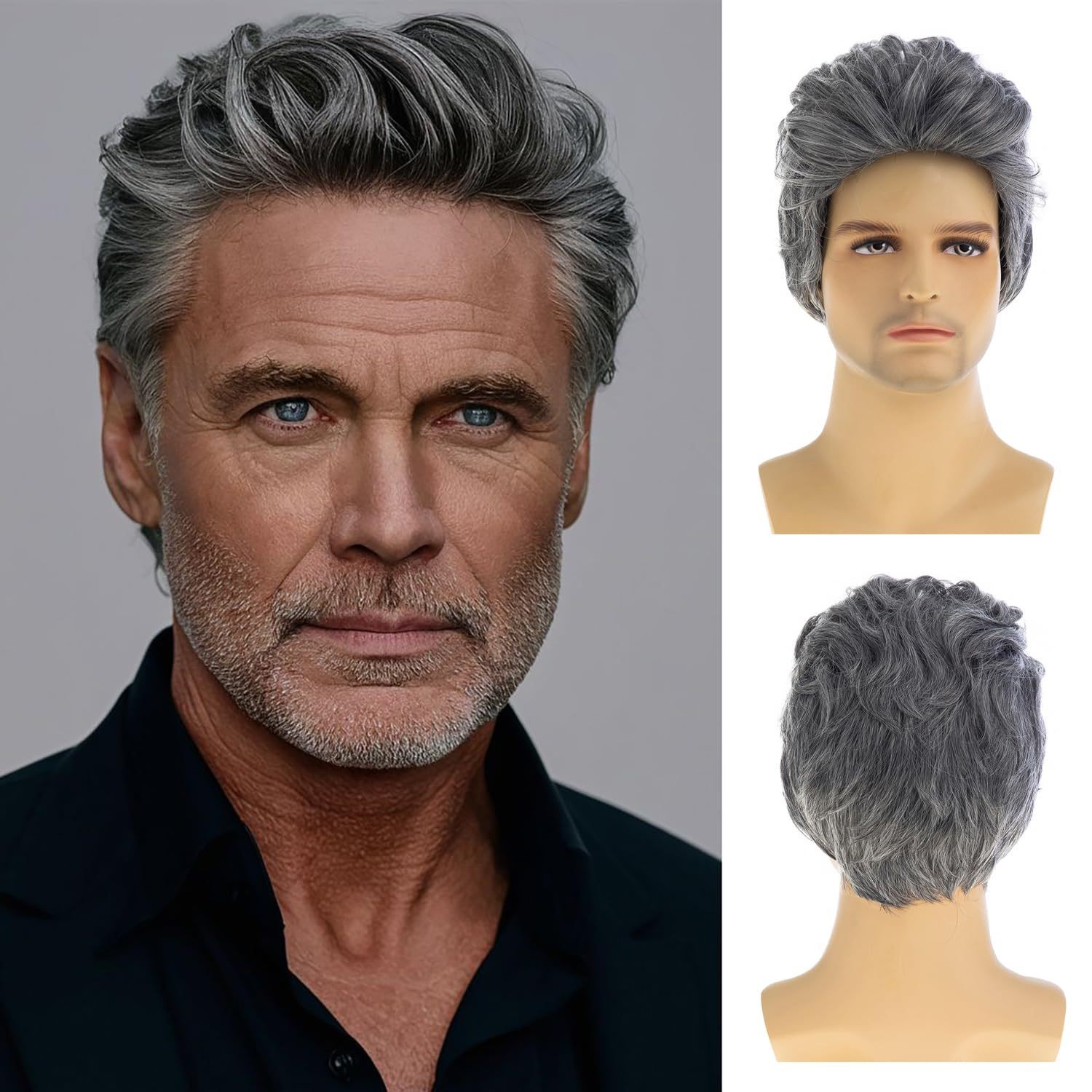 8in Men’s Silver Gray Full Wig Heat Resistant Synthetic Cosplay Halloween Party
