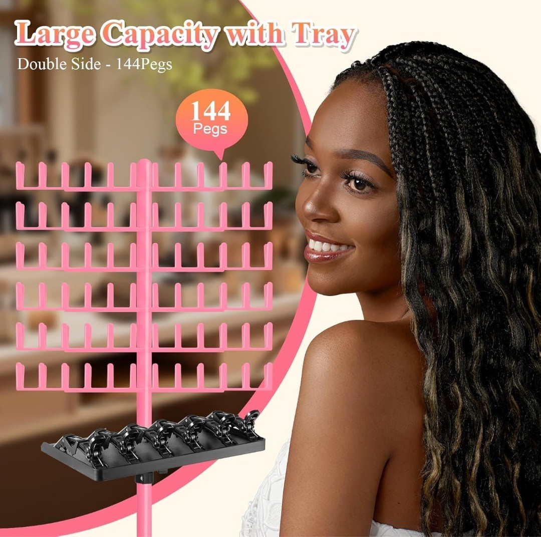 Braiding Hair Rack with Tray, 144 Pegs Height Adjustable Braiding Rack 2 Side