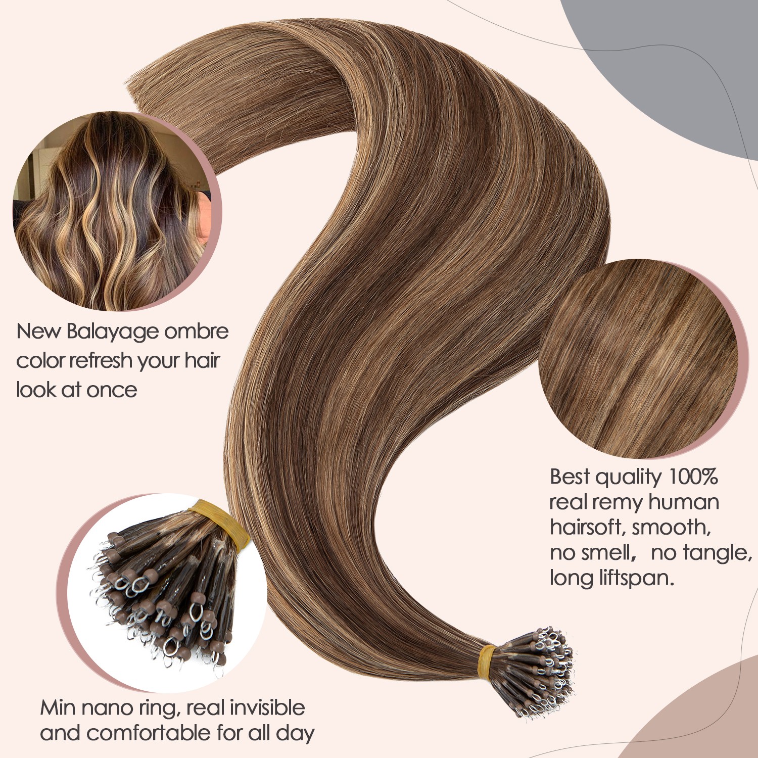 50G-100G Nano Ring Loop Real Human Remy Hair Extensions Micro Bead Tip Full Head