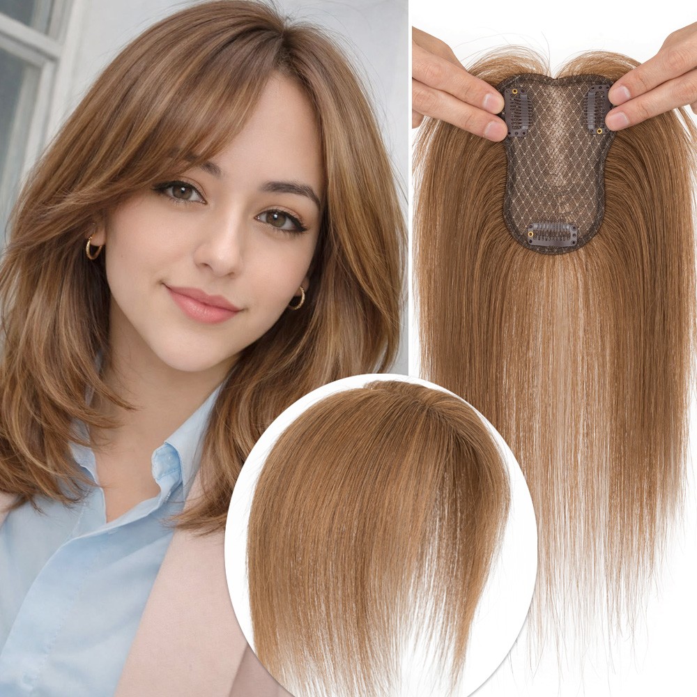Curtain Bangs Clip in HUMAN HAIR Topper Hairpiece FULL LACE Extensions 10inch US