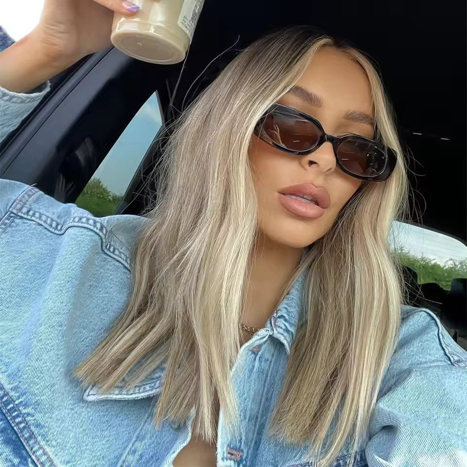 Natural Wave Ash Brown Wig with Blonde Stripe 100% Human Hair Lace Front Wigs