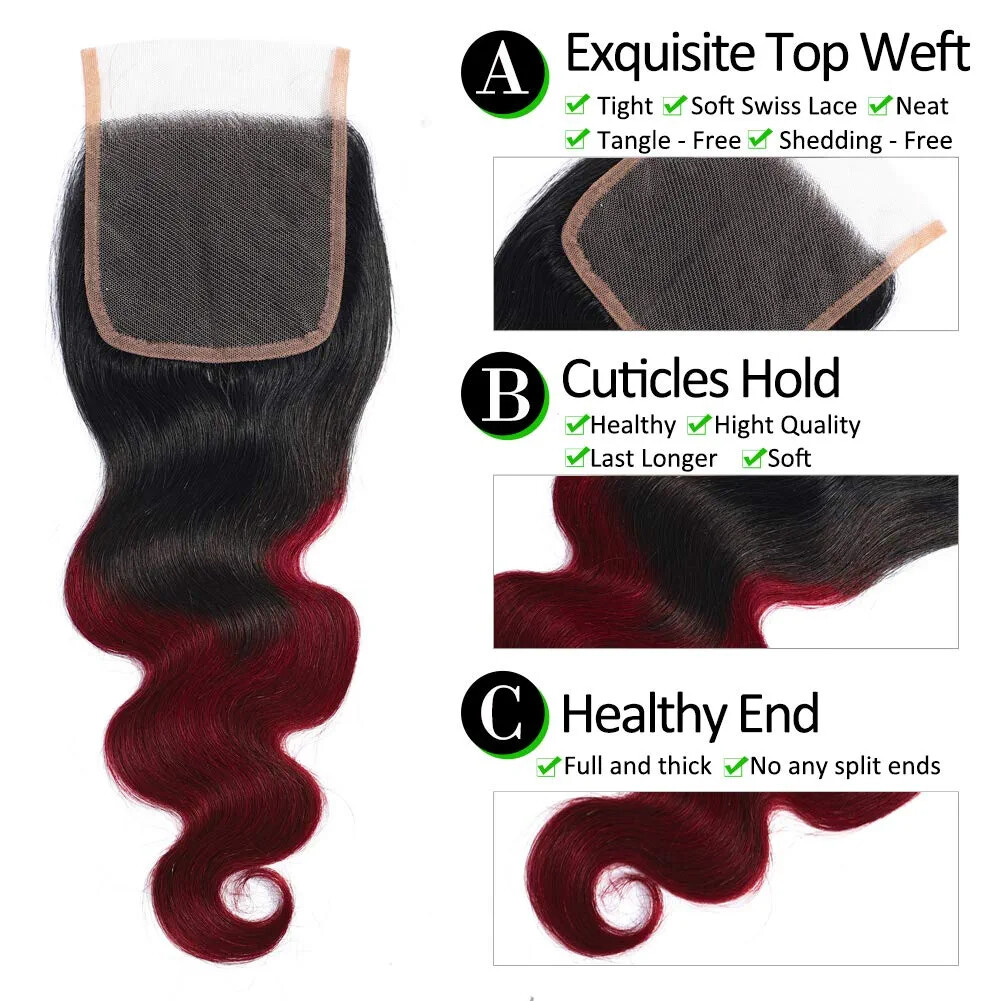 Human Hair Ombre 1B/99J Body Wave 3 Bundles With Closure 100g/Bundle