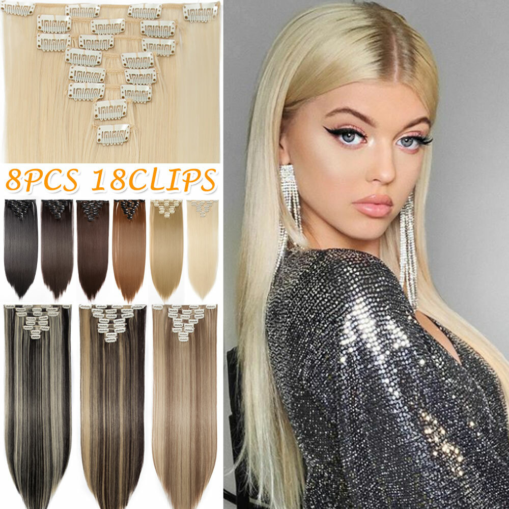 US Real Long Thick Clip in 100% Natural as Human Hair Extensions Full Head 8 Pcs