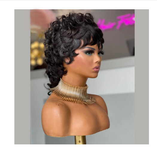 Black Short Mullet Curly Wig Wigs with Bangs Brazilian Hair None Lace Wigs