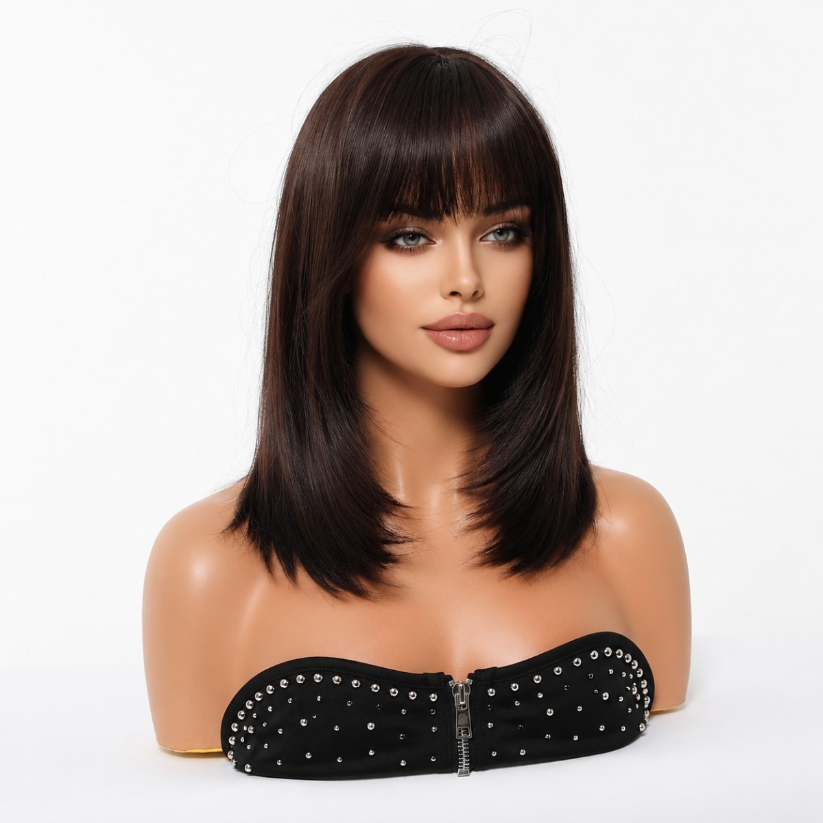 Halloween Heat Resistant Hair Cosplay Wig With Fringe Dark brown Straight