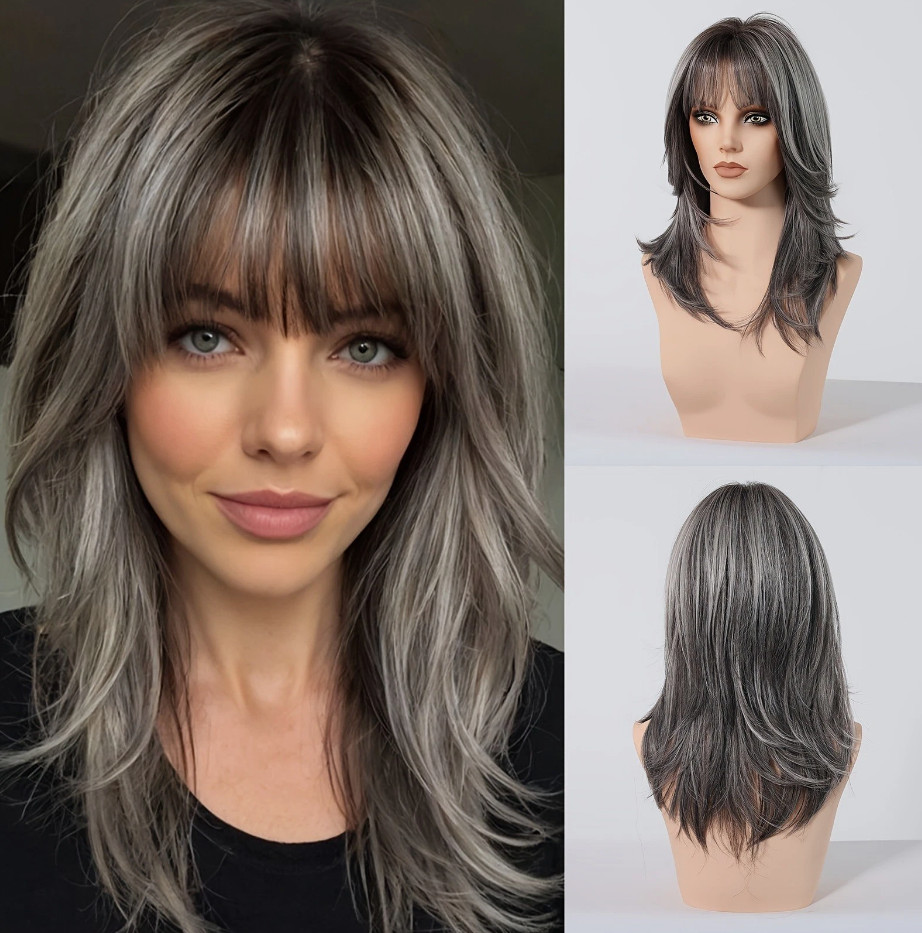 Women Grey Wig with Bangs Gray Micro Roll Medium Long Wig Wig