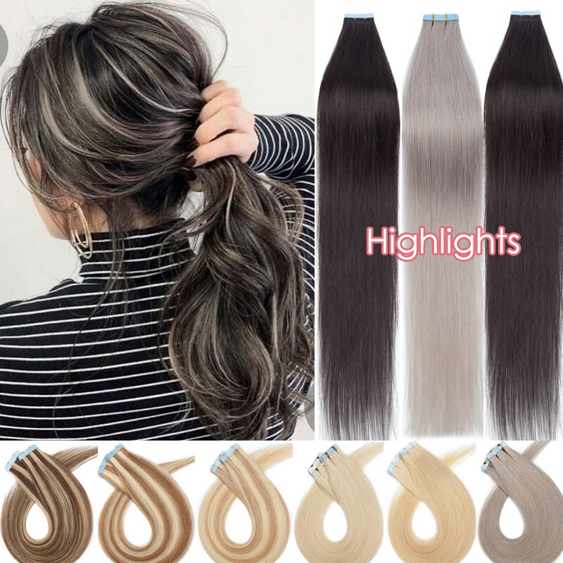 Tape In 100% Real Thick Human Hair Extensions Tape On Skin Weft Balayage Grey US