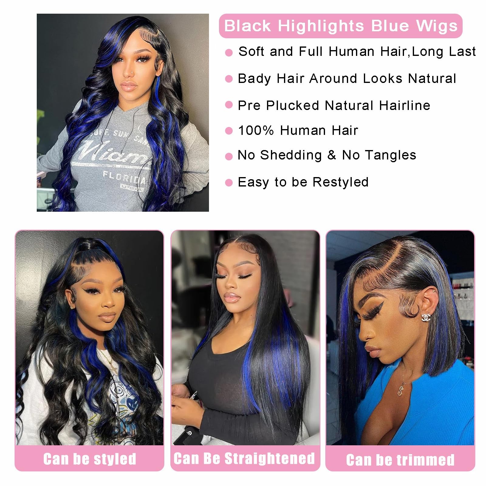 Dliliboon 180 Density Black Highlights Blue 5X5 Lace Front Human Hair Wigs For