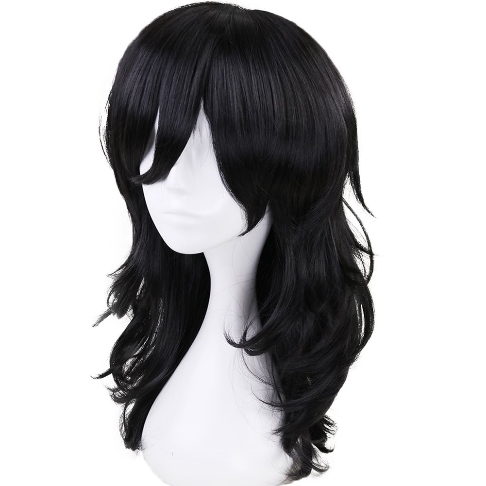 17in Black Long Wavy Wig with Bangs Mens Black Medium Length Wigs