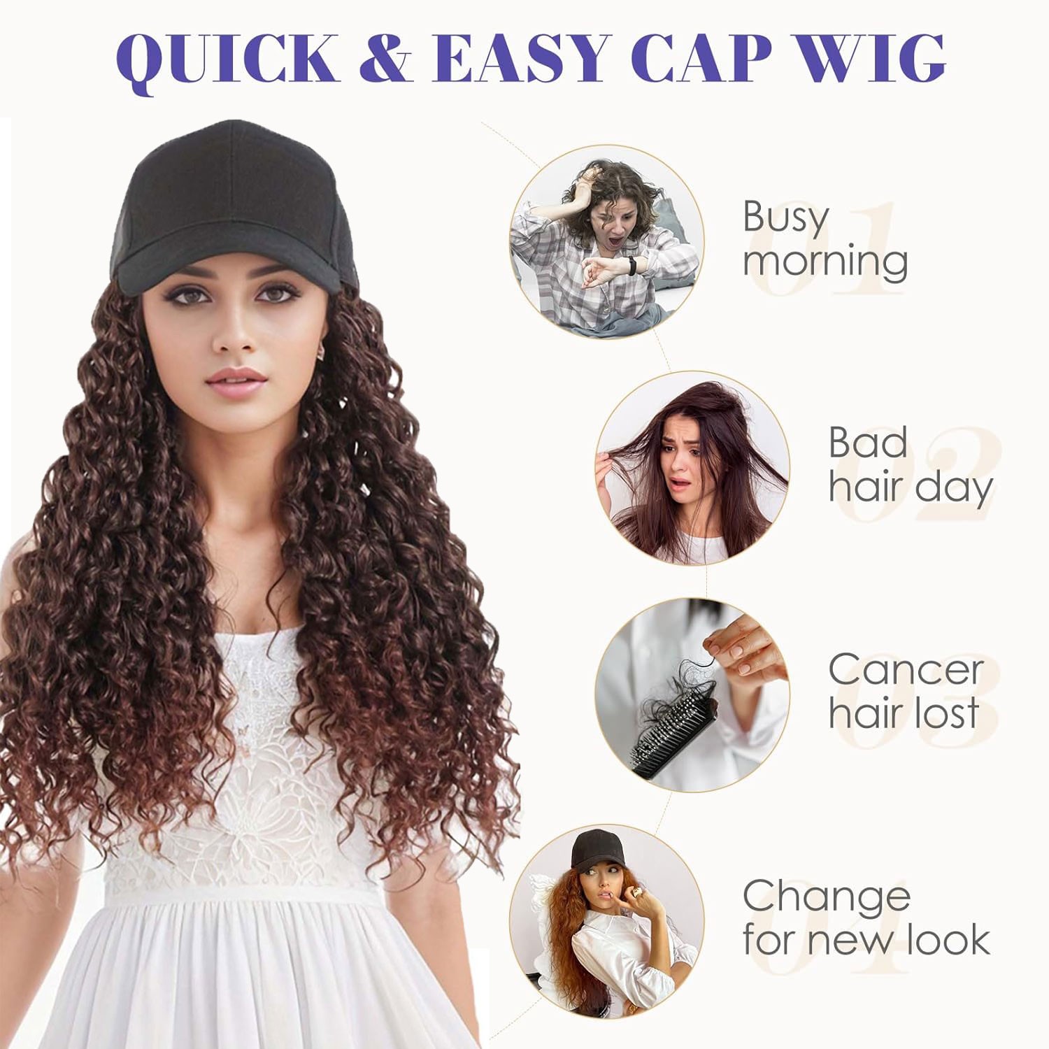Xmas Wig With Black Hat Baseball Wigs Cap Long Wavy Curly Hair Wig Cap For Women