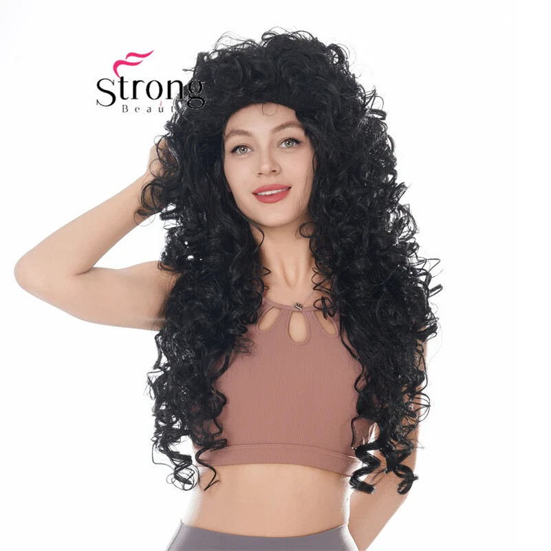 30″ Long Thick Curly Black Classic Cap Full Synthetic Wig