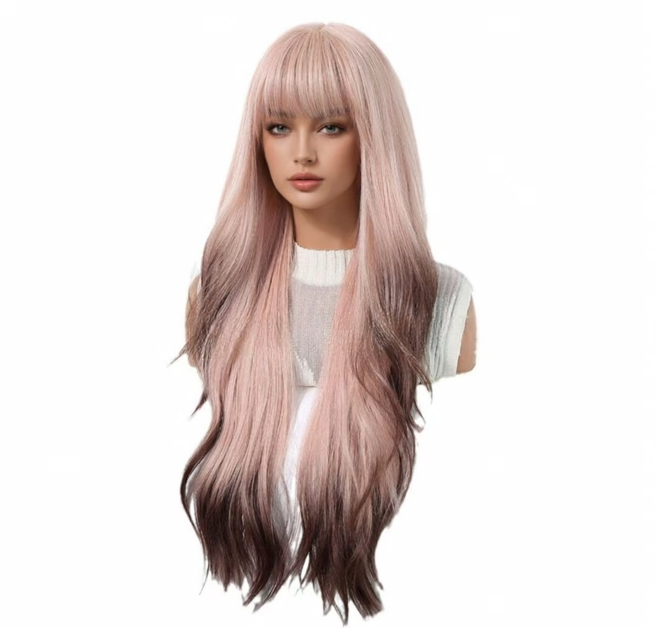 Pink Wigs with Bangs for Women Girls Cosplay Party Long Wavy Natural Synthetic