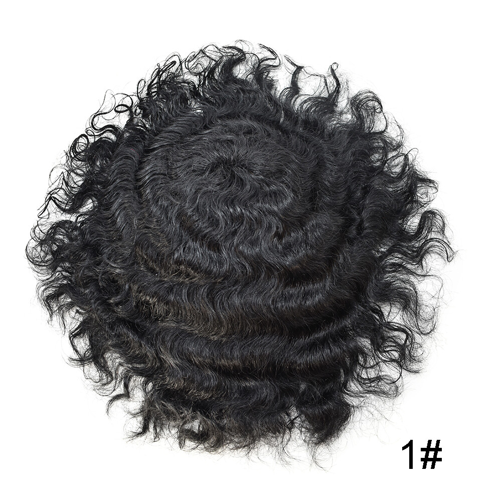 Afro Curly Wavy Human Hair Replacement System Mono Poly NPU Wig Mens ToupeeUS