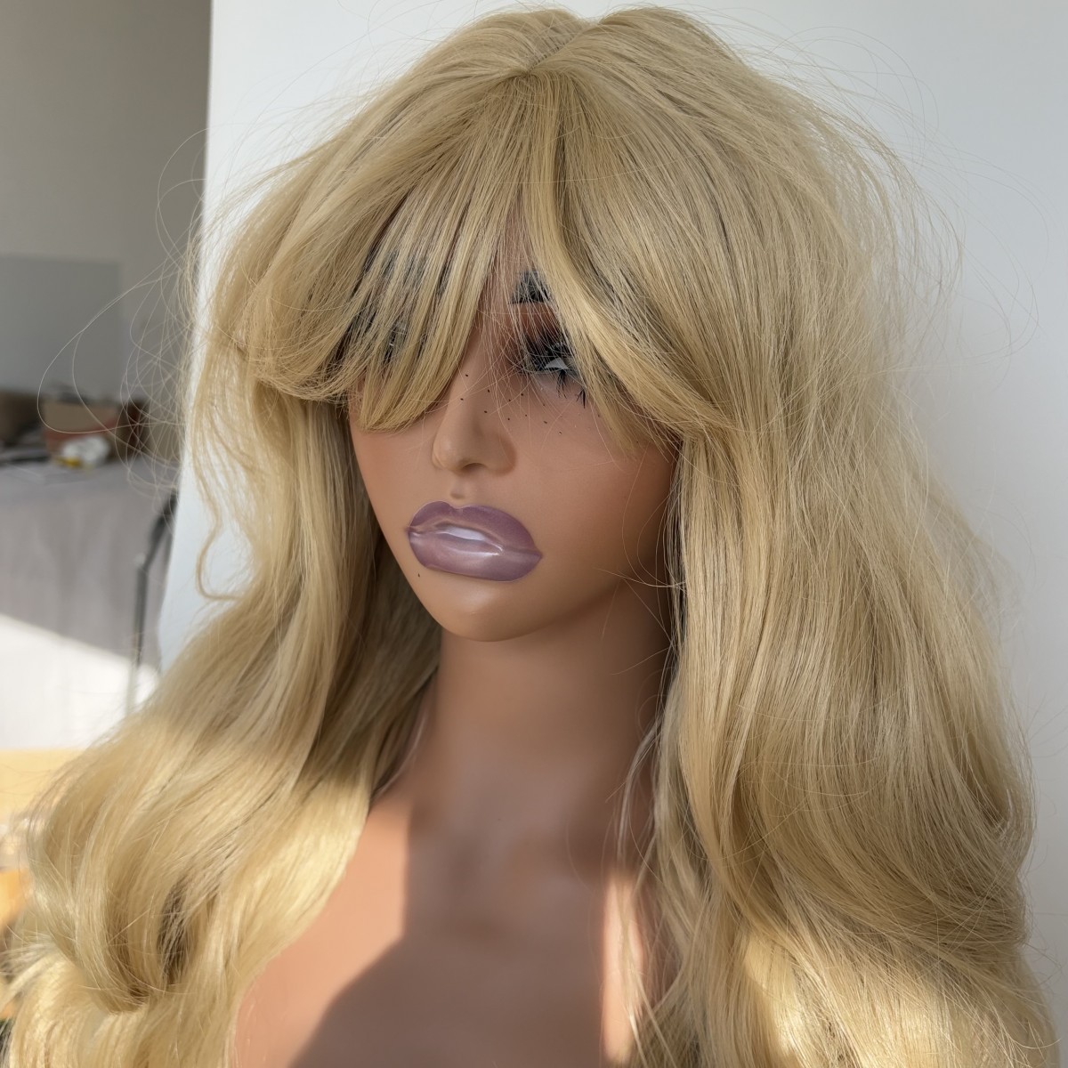 Light blonde Halloween Synthetic Hair Dress Up Wigs With Bangs Long Wavy