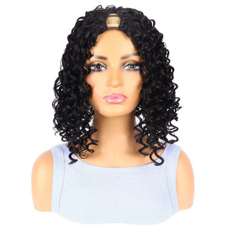V Cut Open Top Black Short Coily Curly Synthetic Full Wig Natural Looking