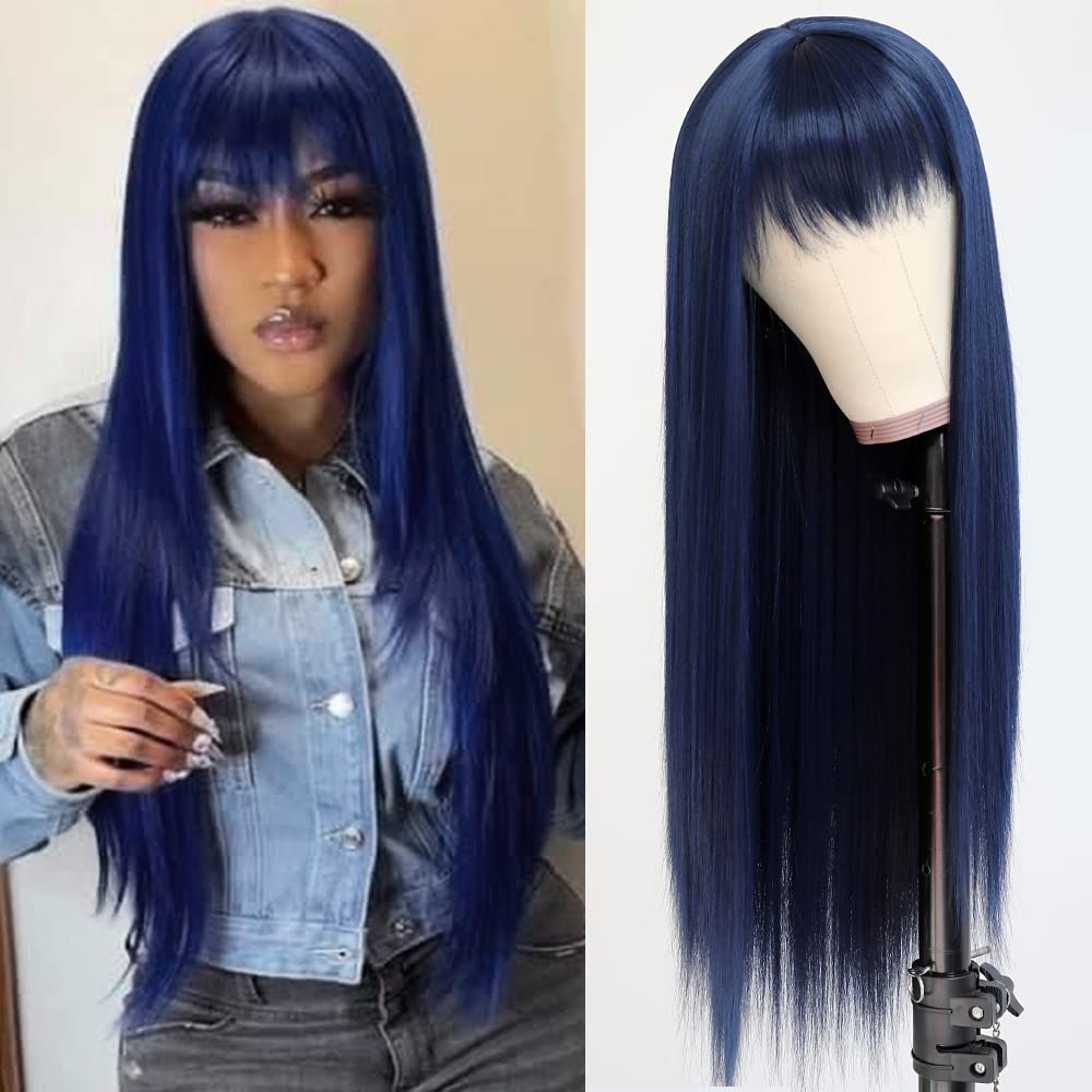 Cute & Pretty Dark Blue Wig with Wispy Bangs, Natural Look