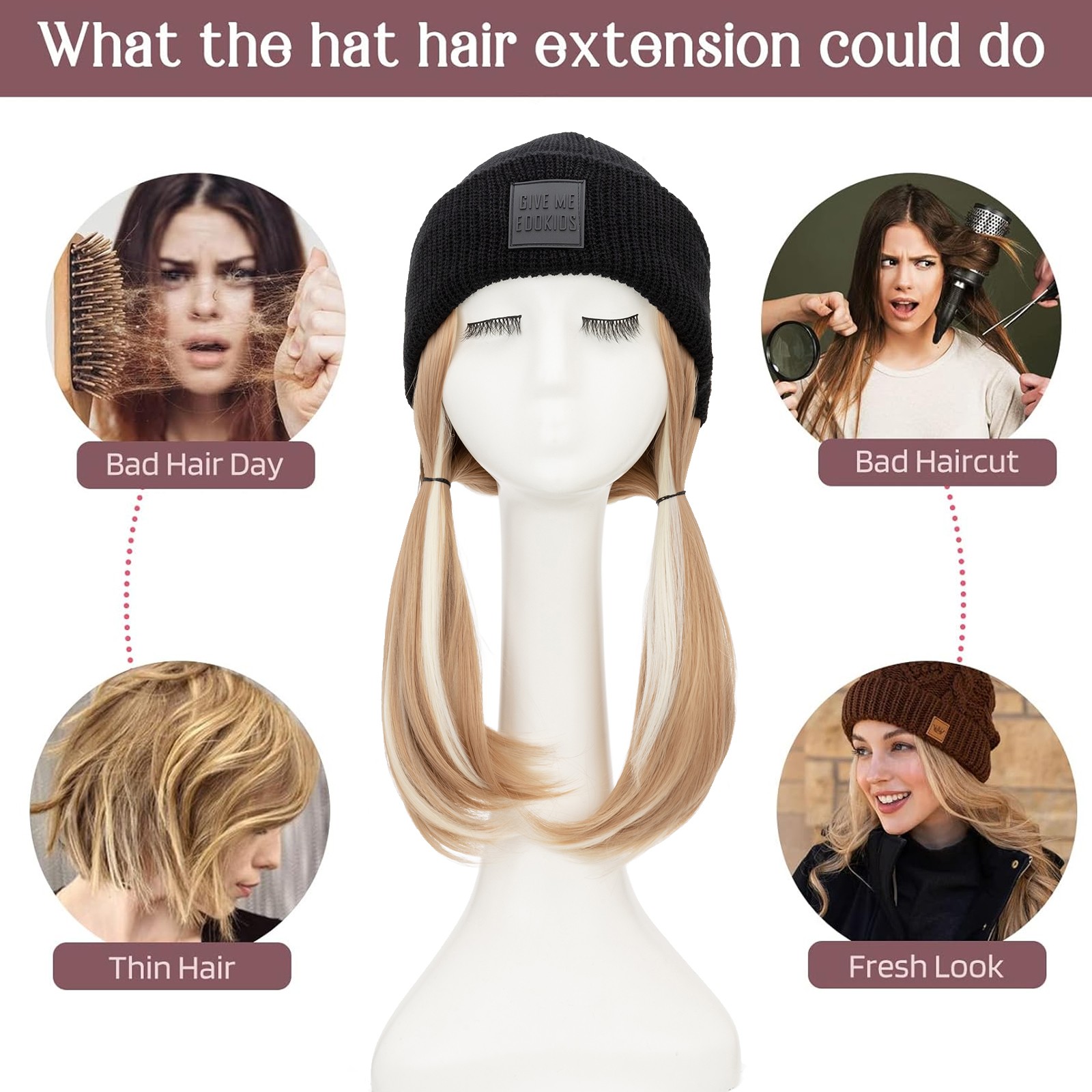 Winter Warm Knit Beanie Hat with Long Wavy Straight Synthetic Hair Wig for Woman