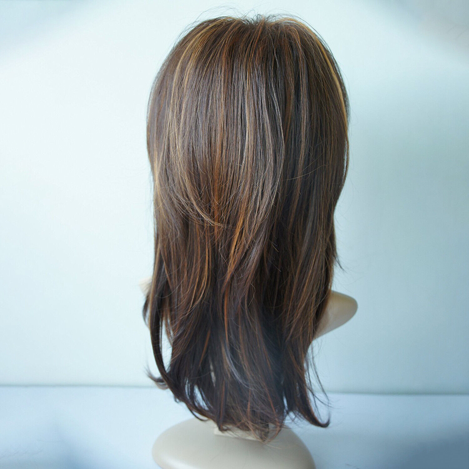Women Dark Brown w/Gold Highlight Ombre Shoulder Length Wig Synthetic Curly Hair