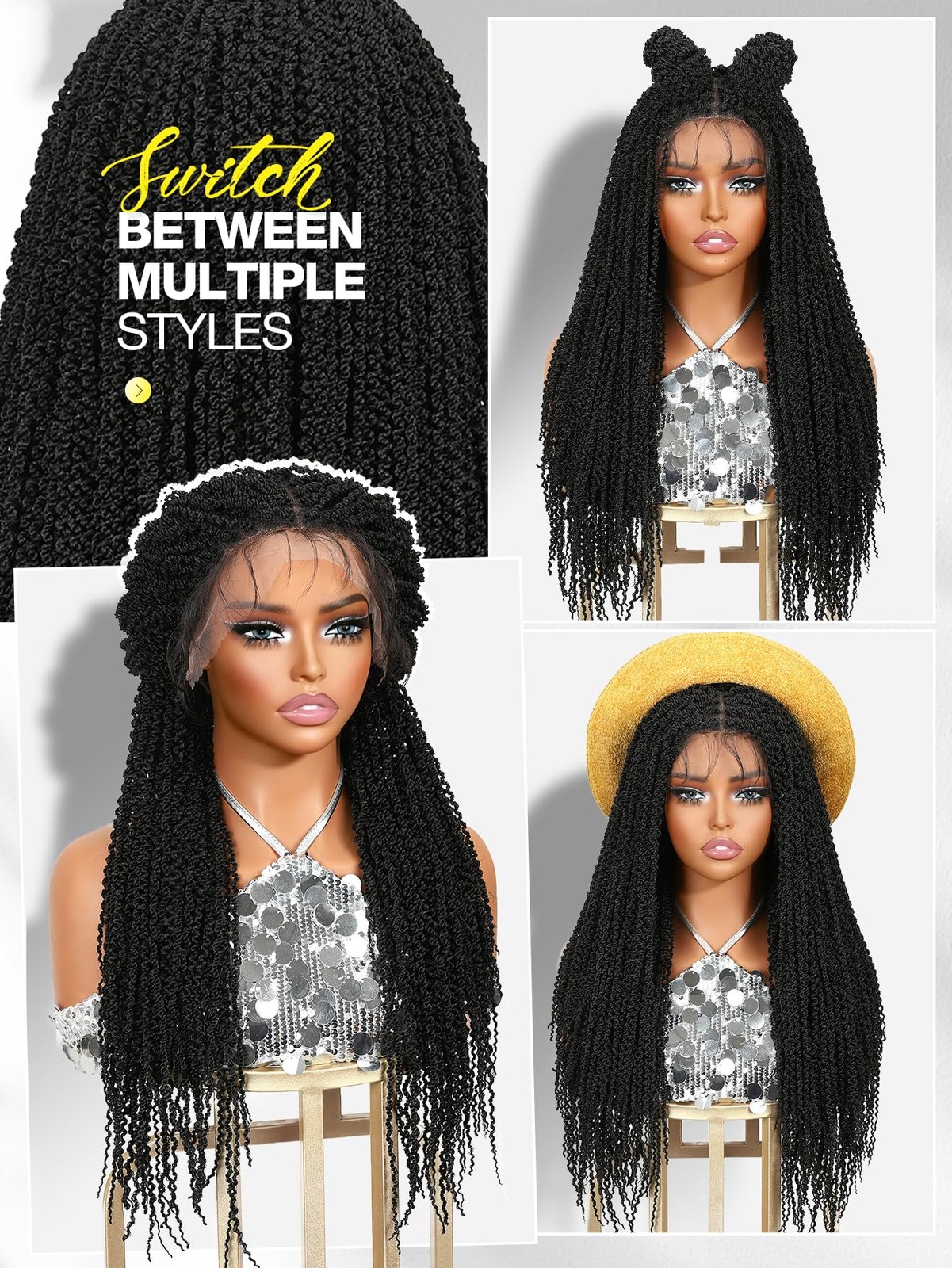 Full Double Lace Mini Twist Braid Black Spiral Coiled Wig with Baby Hair