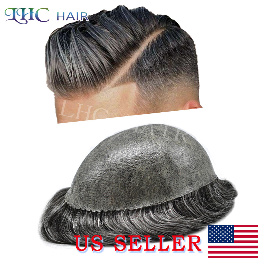 Mens Toupee Hairpiece All Poly Skin PU Human Hair Replacement System Wigs