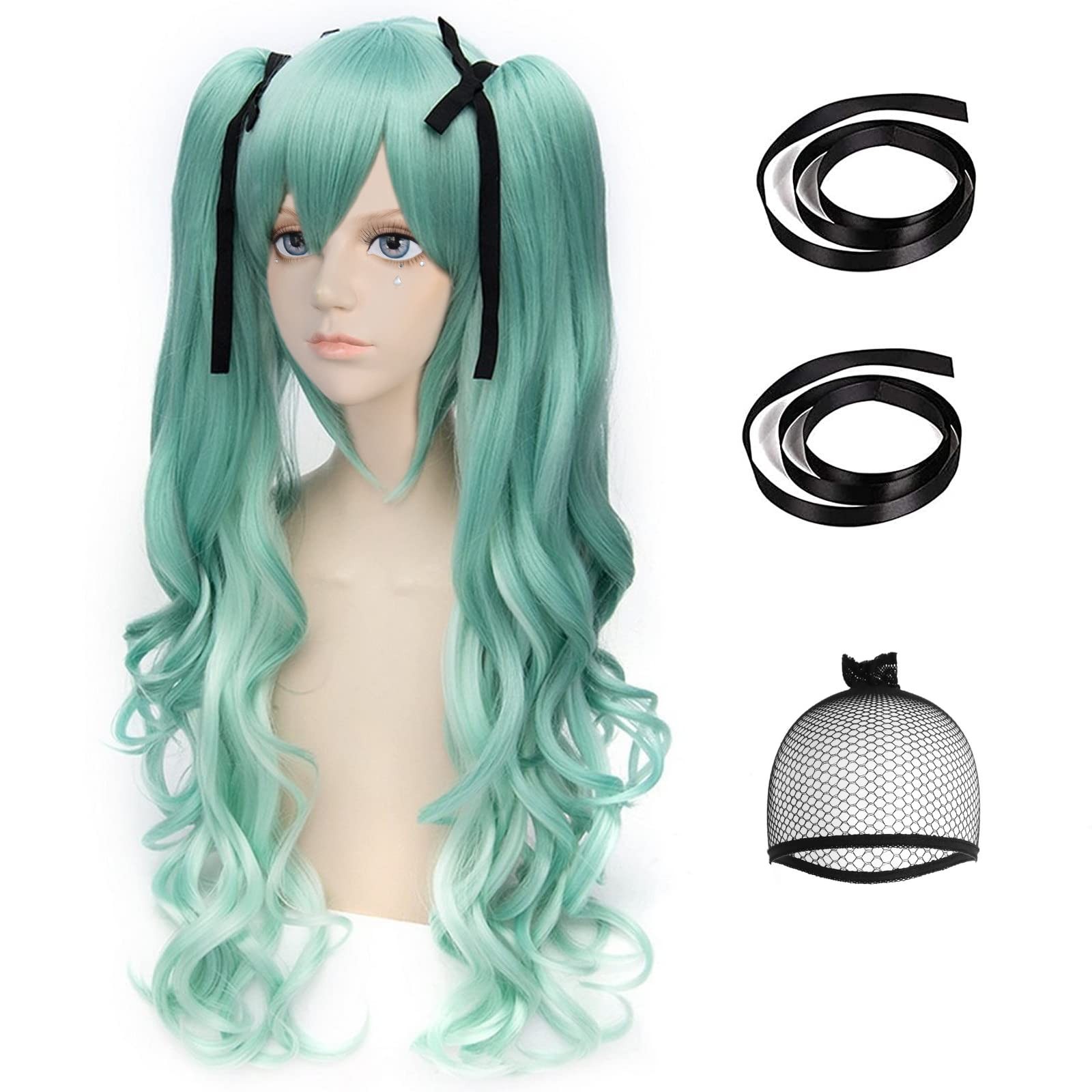 Long Green Cosplay Wig 4PCS Set (1 Hair Cap+2 Black Ribbons+1 Wig) With 2 Wav…