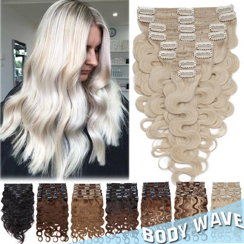 Russian THICK Wavy Double Wefted Human Hair Extensions Clip in Remy Full Head MF